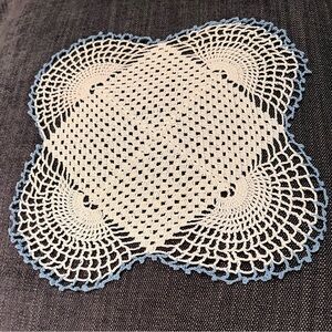 Elegant Cream and Blue Crochet Doily. Handmade. Vintage